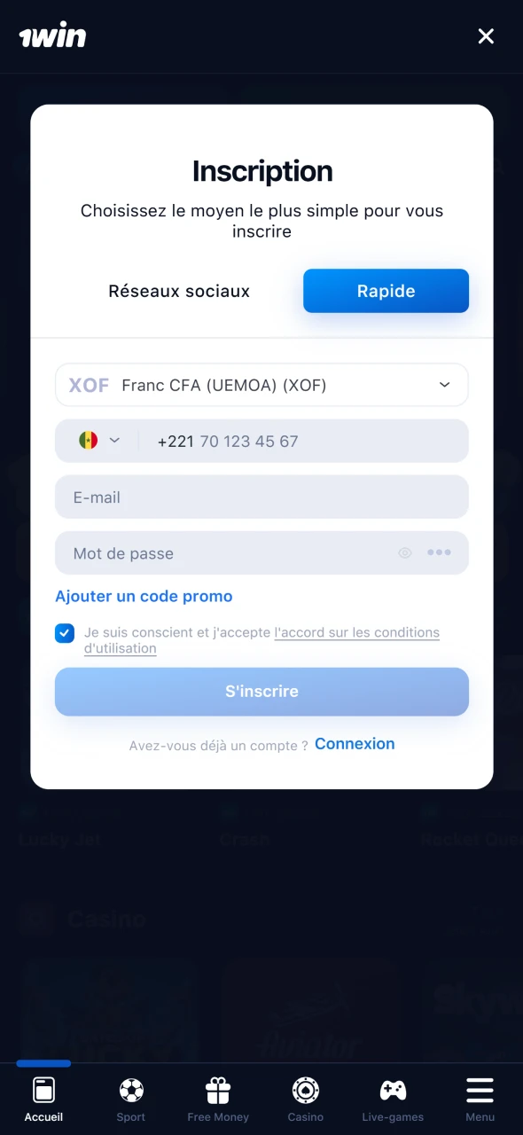 Inscrivez-vous facilement via l'application 1win depuis le Sénégal.