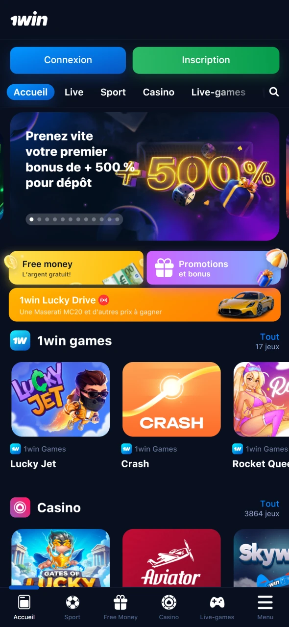 Jouez sur l'application mobile 1win avec toutes les fonctionnalités principales.