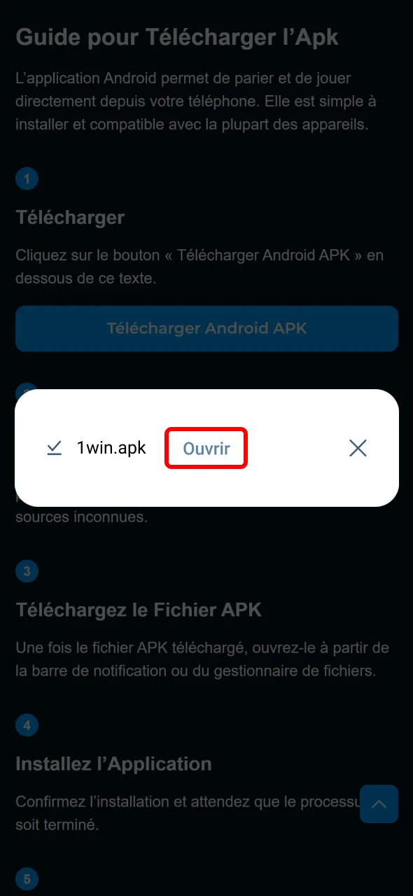 Téléchargez le fichier APK de 1win pour commencer à jouer.