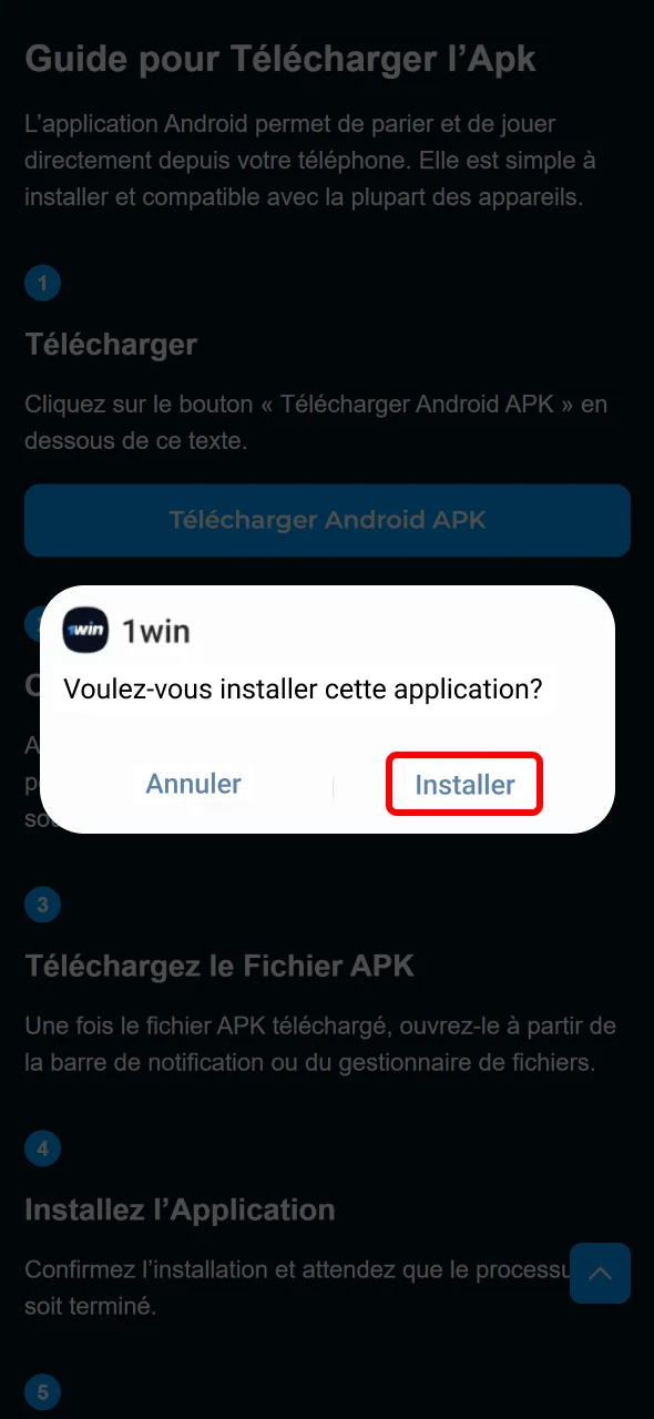 Installez l’application 1win sur votre appareil Android.