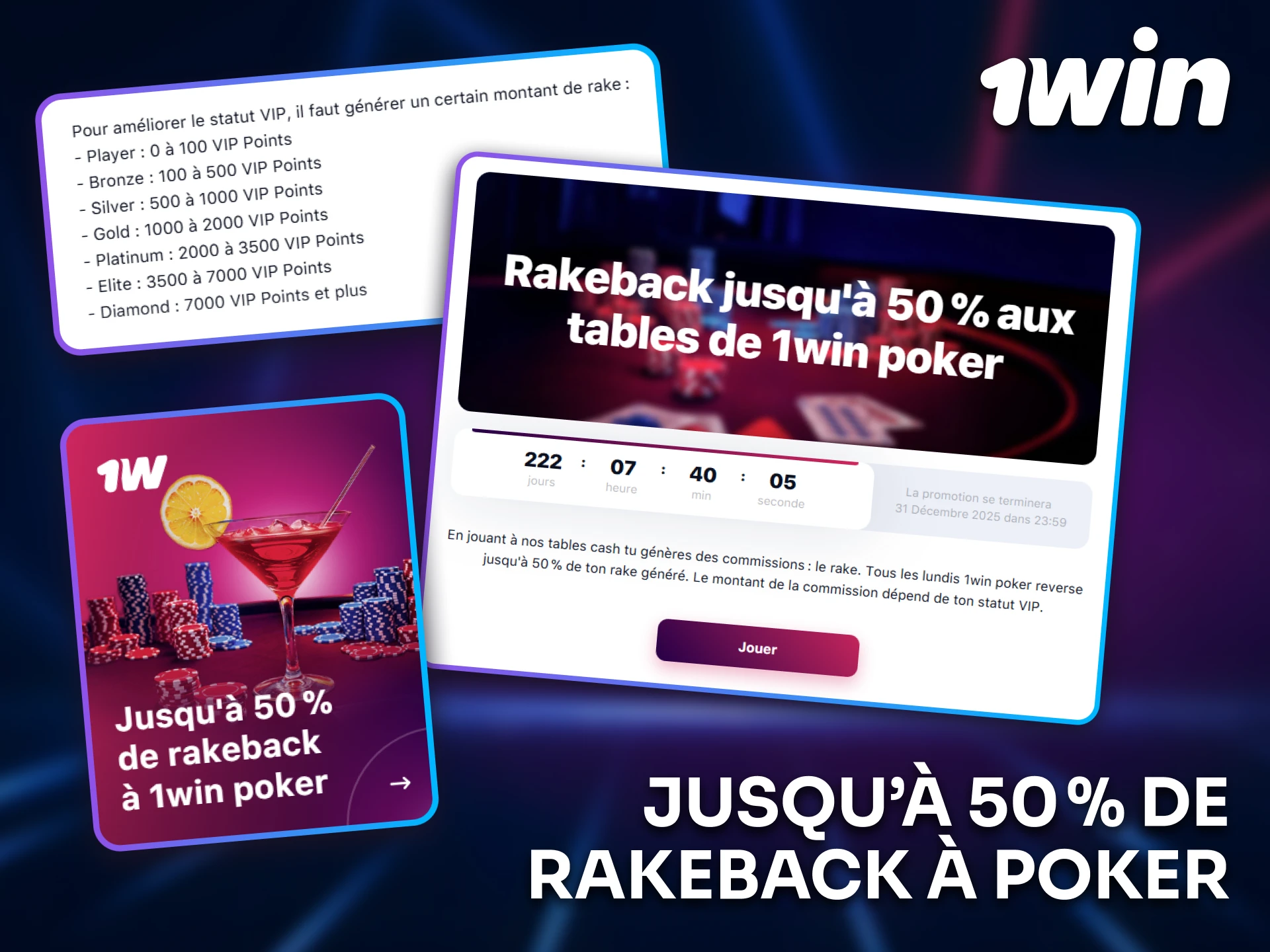 Profitez de jusqu’à 50 % de rakeback au poker sur 1win.