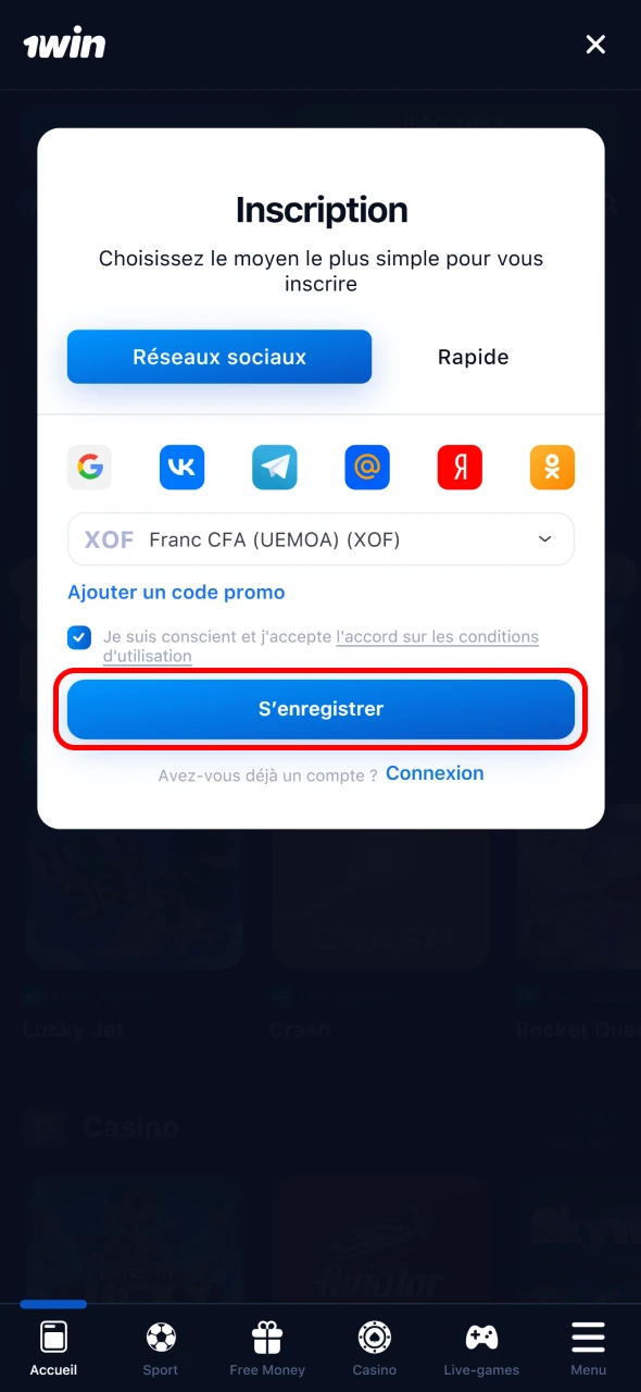 Finalisez votre inscription et accédez à toutes les options de 1win.