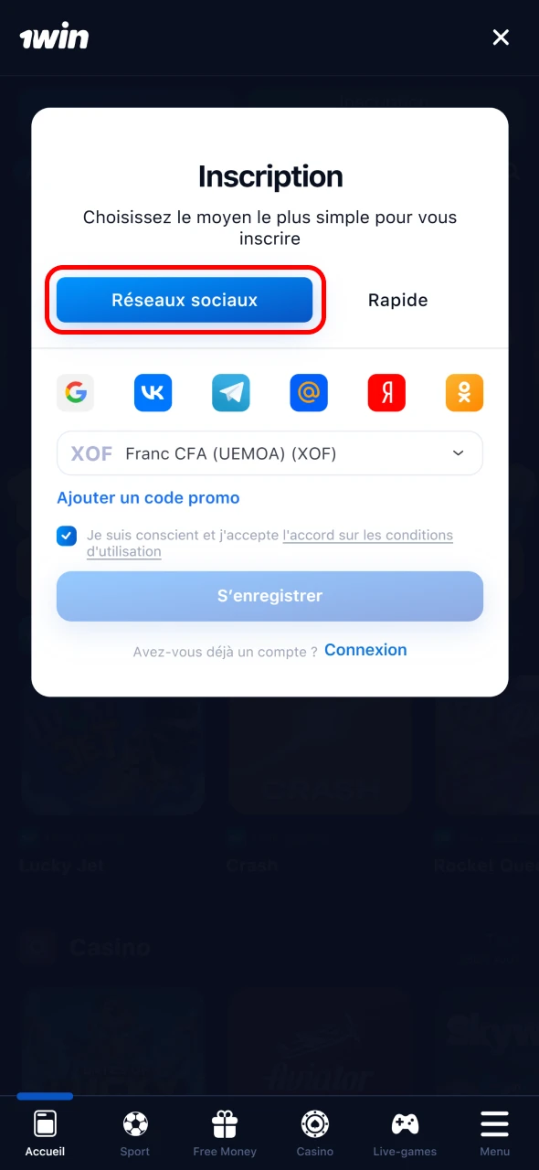 Sélectionnez un réseau social pour vous inscrire rapidement à 1win.