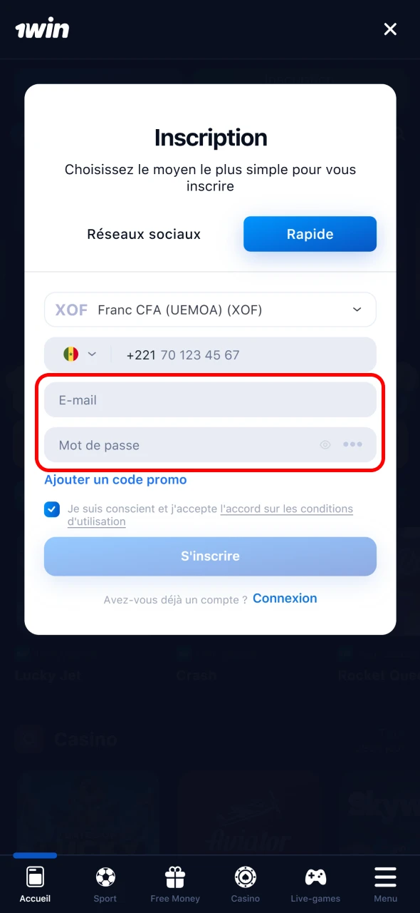 Soumettez vos données personnelles pour créer un compte 1win.