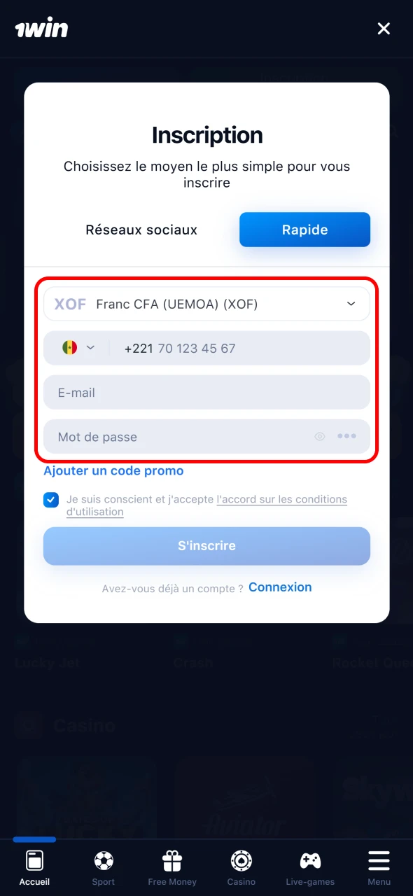 Remplissez le formulaire pour créer rapidement votre compte 1win.