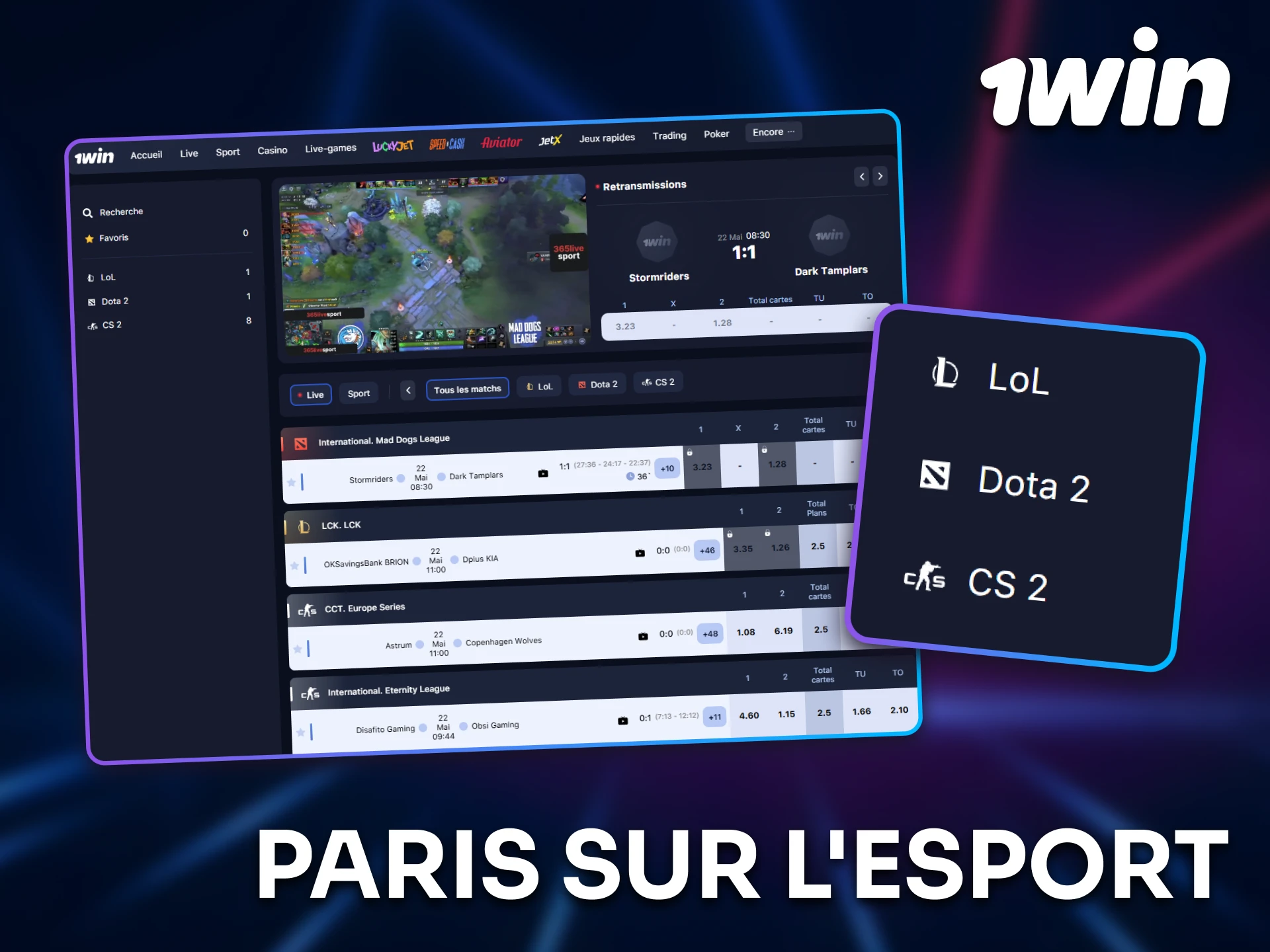 Faites vos paris eSport avec 1win et vivez les matchs en temps réel.