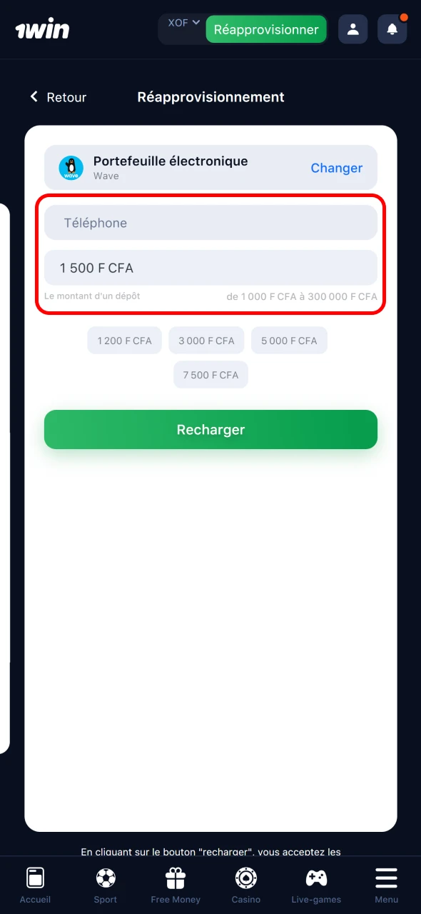 Remplissez le formulaire de dépôt sécurisé chez 1win.