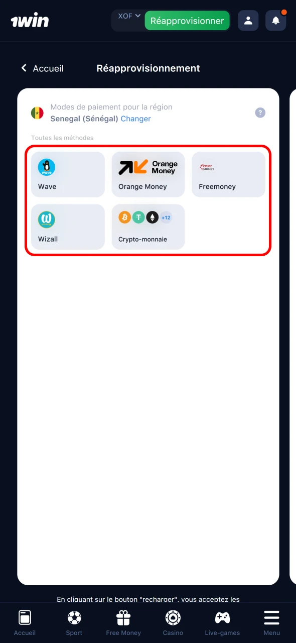 Sélectionnez la méthode de paiement qui vous convient sur 1win.