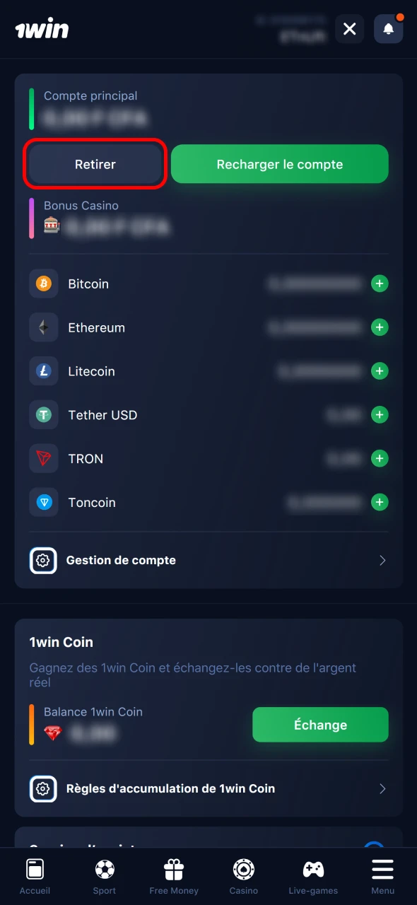 Accédez au menu profil et cliquez sur retrait sur 1win.