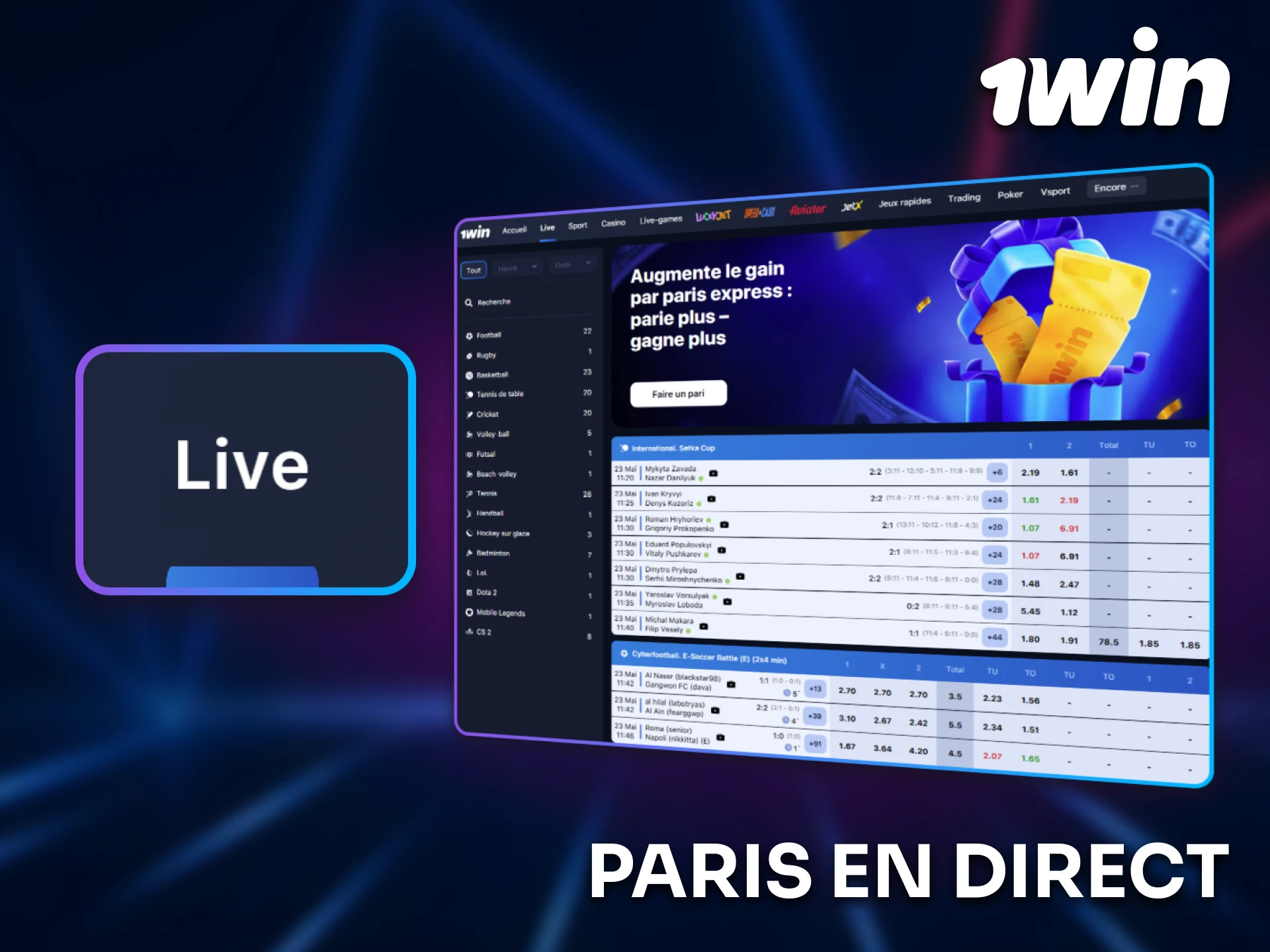 Faites vos paris en direct avec 1win in Sénégal.