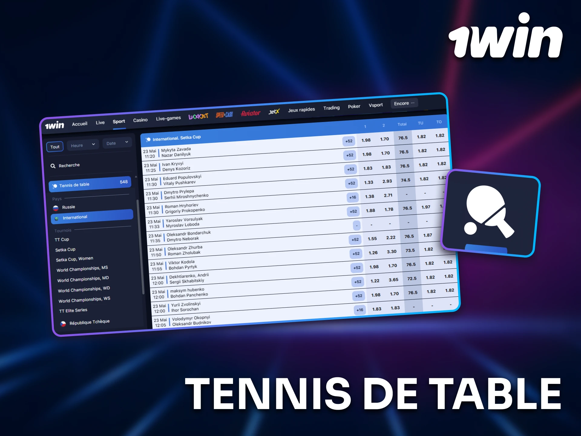 Misez sur le tennis de table en ligne via 1win.